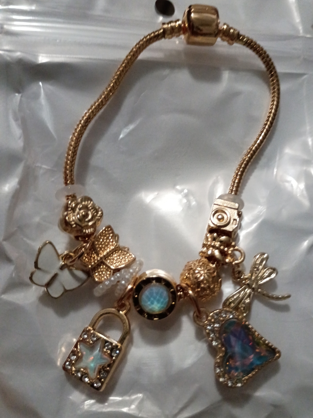 Gold-Tone Butterfly & Charm Bracelet with Iridescent Accents